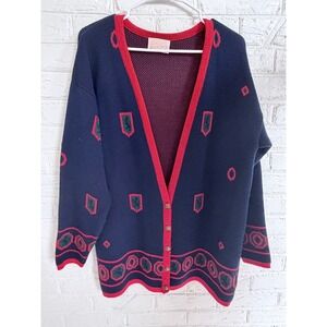 Pendleton Navy Red Geometric Wool Cardigan‎ Sweater Women's L Buttons